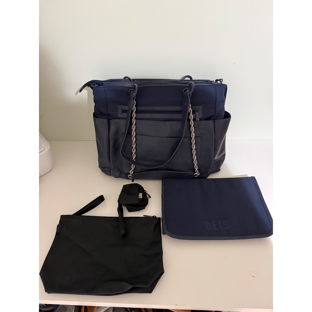 BEIS Diaper Bag Navy Blue Nylon Vegan Leather Tote with Changing Pad and Pouches